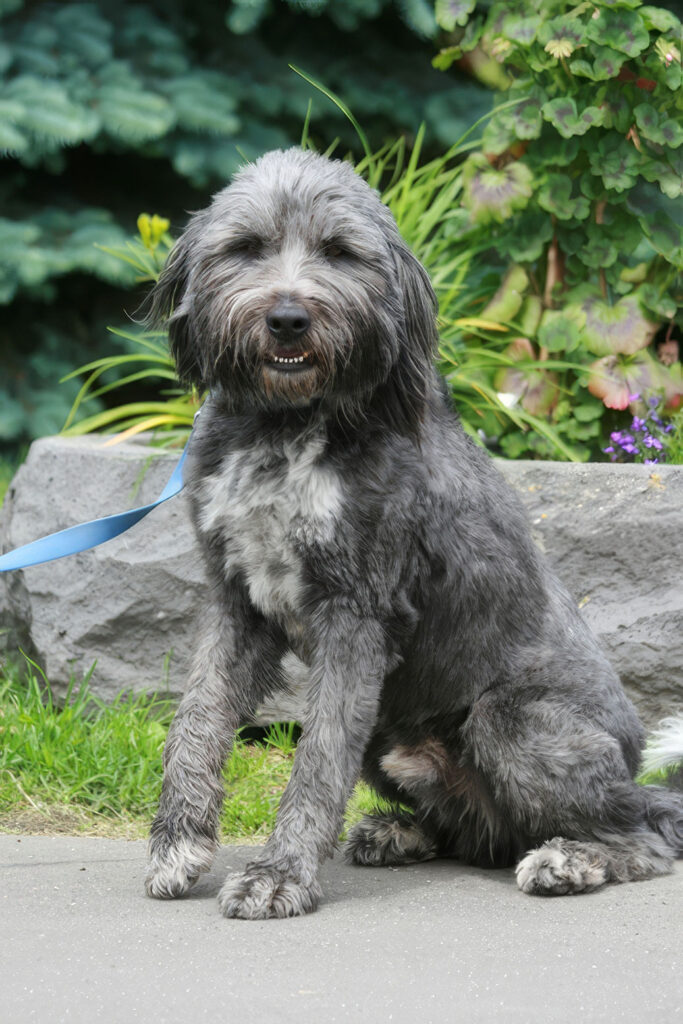 Grauer, zotteliger Hund sitzt angeleint auf einem Gehweg vor grünen Pflanzen und schaut in die Kamera.